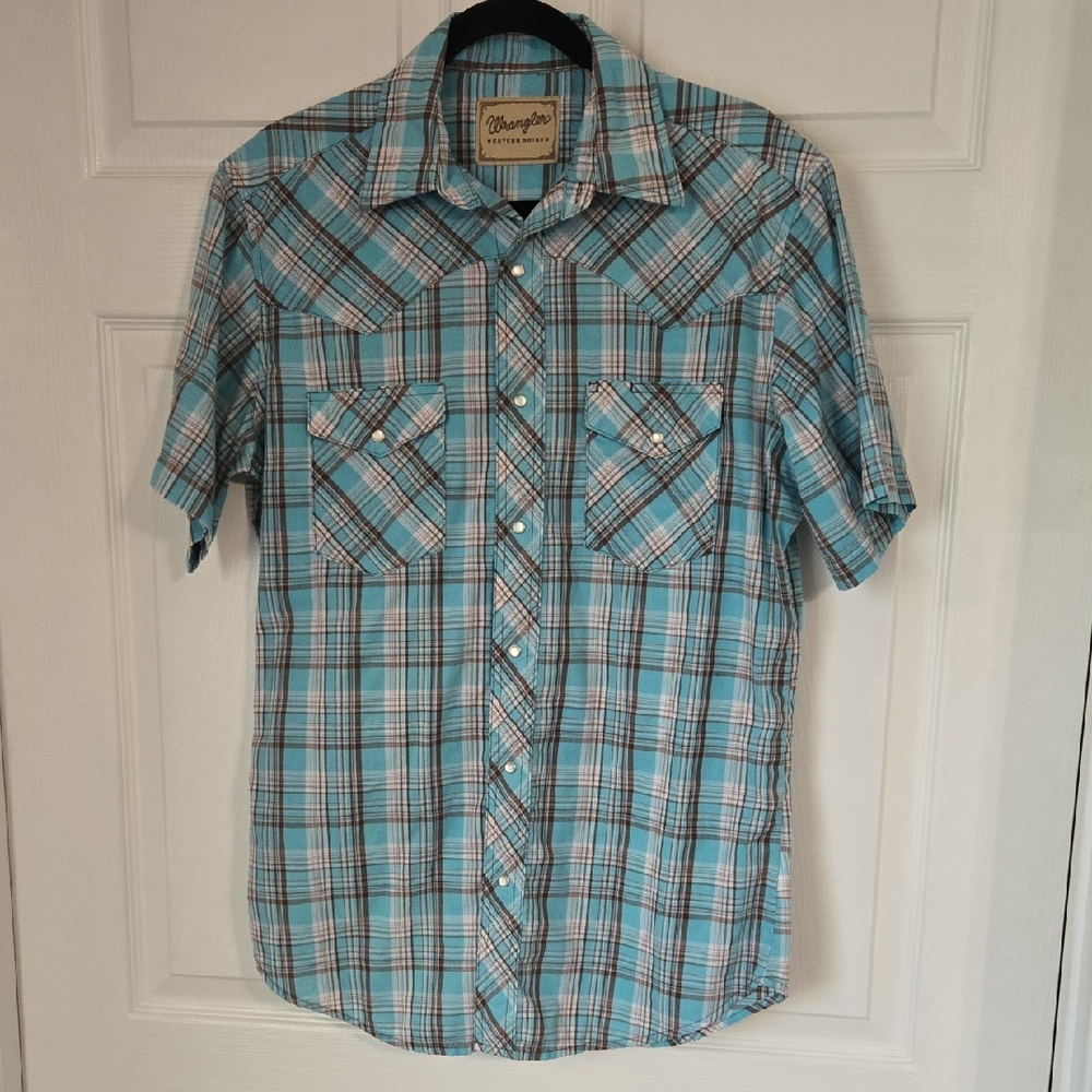 Western Wrangler Men's Turquoise Plaid Button Down Shirt Pearl Snaps Medium